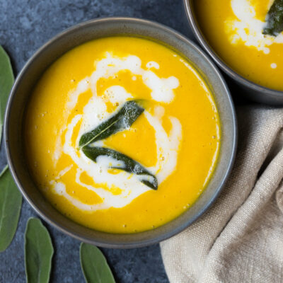 Roasted Butternut Squash Soup with Sage Infused Coconut Cream